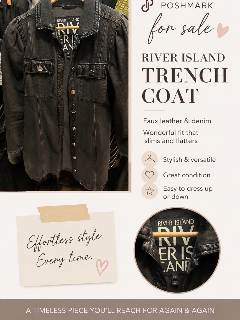 River Island Black Faux Leather & Denim Trench Coat